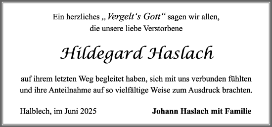 Traueranzeige von Hildegard Haslach von Allgäuer Zeitung, Füssen