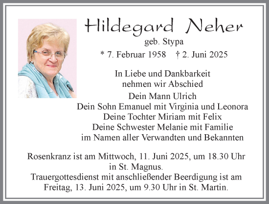 Traueranzeige von Hildegard Neher von Allgäuer Zeitung, Marktoberdorf