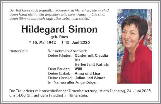 Traueranzeige von Hildegard Simon von Allgäuer Anzeigeblatt