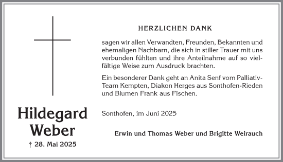 Traueranzeige von Hildegard Weber von Allgäuer Anzeigeblatt