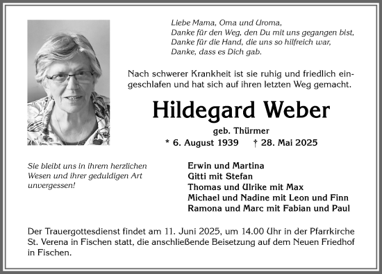 Traueranzeige von Hildegard Weber von Allgäuer Anzeigeblatt