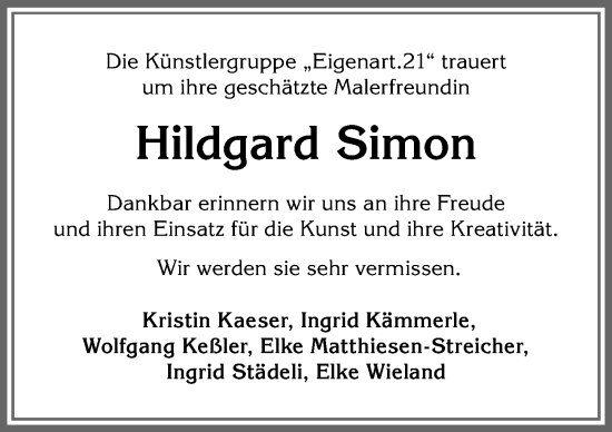 Traueranzeige von Hildgard Simon von Allgäuer Anzeigeblatt