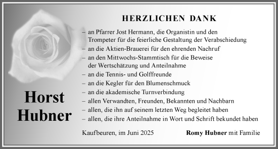 Traueranzeige von Horst Hubner von Allgäuer Zeitung, Kaufbeuren/Buchloe