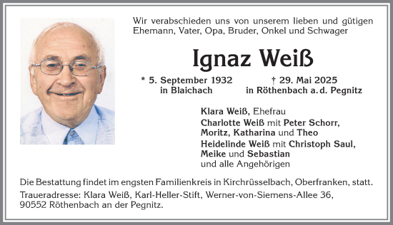 Traueranzeige von Ignaz Weiß von Allgäuer Anzeigeblatt