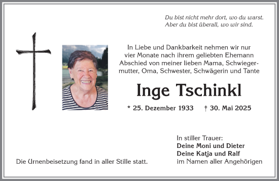 Traueranzeige von Inge Tschinkl von Allgäuer Zeitung,Kempten