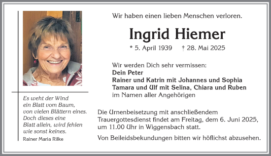 Traueranzeige von Ingrid Hiemer von Allgäuer Zeitung,Kempten