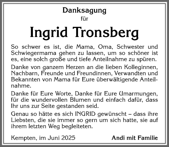 Traueranzeige von Ingrid Tronsberg von Allgäuer Zeitung,Kempten