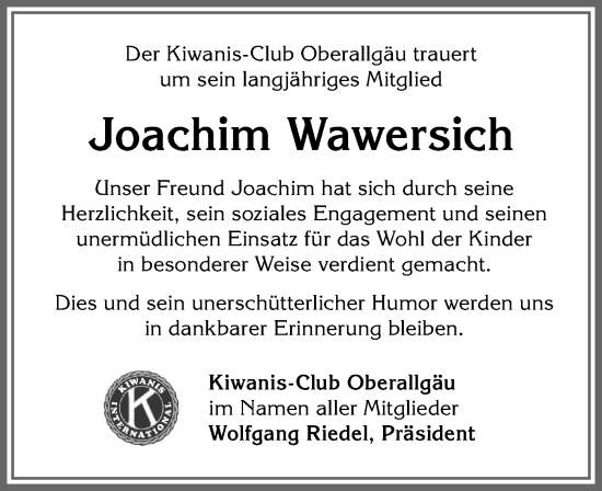Traueranzeige von Joachim Wawersich von Allgäuer Anzeigeblatt