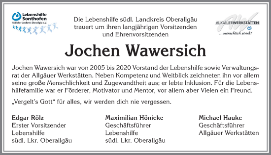 Traueranzeige von Jochen Wawersich von Allgäuer Anzeigeblatt