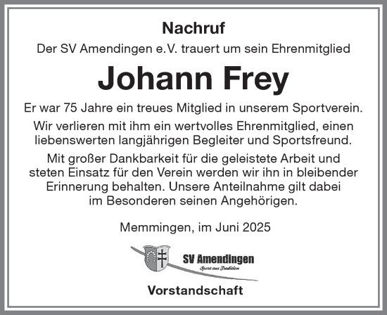 Traueranzeige von Johann Frey von Memminger Zeitung