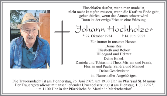 Traueranzeige von Johann Hochholzer von Allgäuer Zeitung, Marktoberdorf