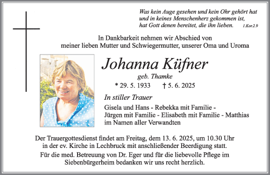 Traueranzeige von Johanna Küfner von Allgäuer Zeitung, Füssen