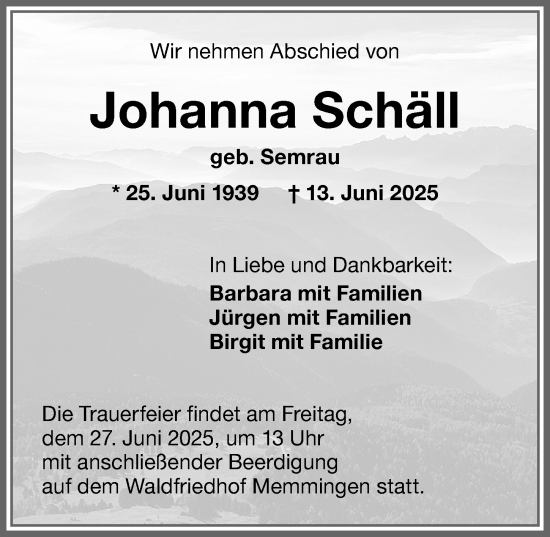 Traueranzeige von Johanna Schäll von Memminger Zeitung
