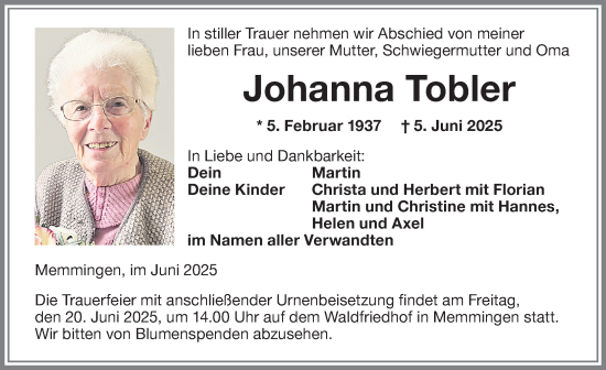 Traueranzeige von Johanna Tobler von Memminger Zeitung