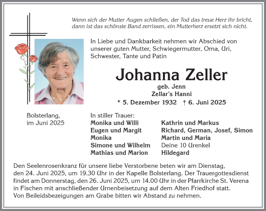 Traueranzeige von Johanna Zeller von Allgäuer Anzeigeblatt