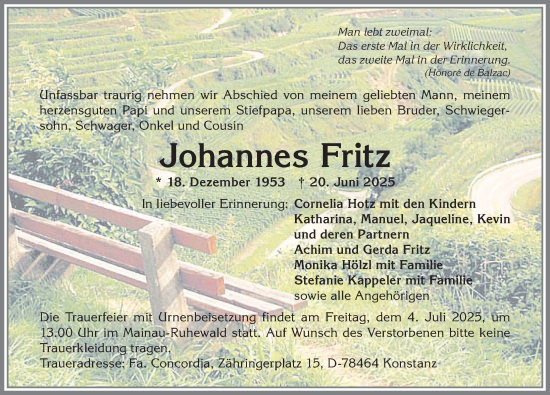 Traueranzeige von Johannes Fritz von Allgäuer Anzeigeblatt
