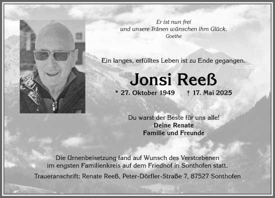 Traueranzeige von Jonsi Reeß von Allgäuer Anzeigeblatt