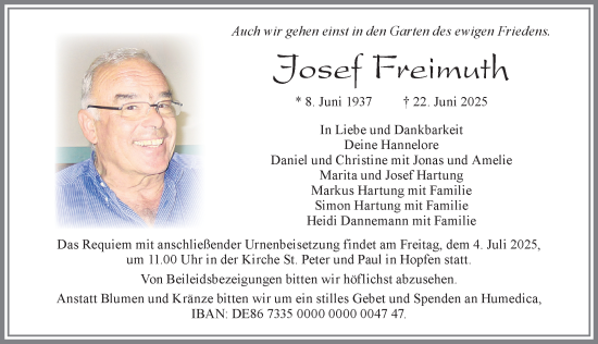 Traueranzeige von Josef Freimuth von Allgäuer Zeitung, Füssen