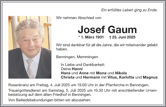 Traueranzeige von Josef Gaum von Memminger Zeitung