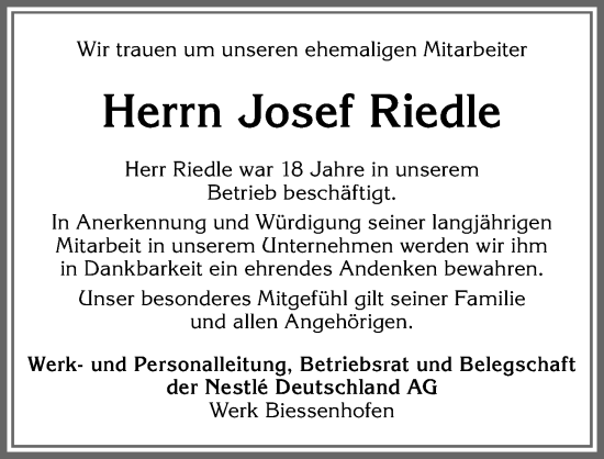 Traueranzeige von Josef Riedle von Allgäuer Zeitung, Marktoberdorf