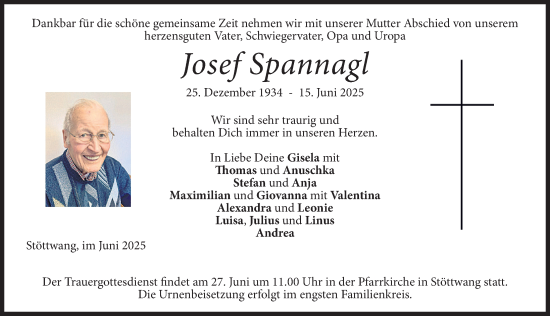 Traueranzeige von Josef Spannagl von Allgäuer Zeitung, Kaufbeuren/Buchloe