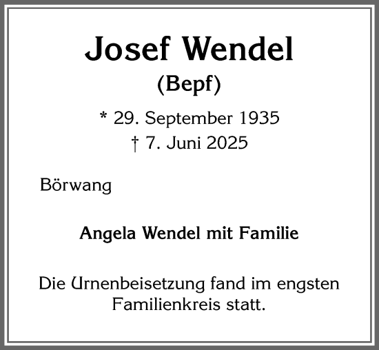 Traueranzeige von Josef Wendel von Allgäuer Zeitung,Kempten