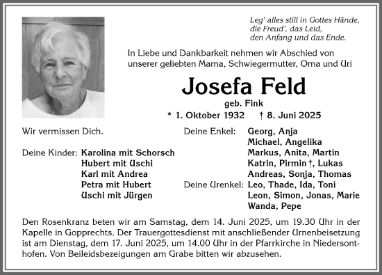 Traueranzeige von Josefa Feld von Allgäuer Anzeigeblatt