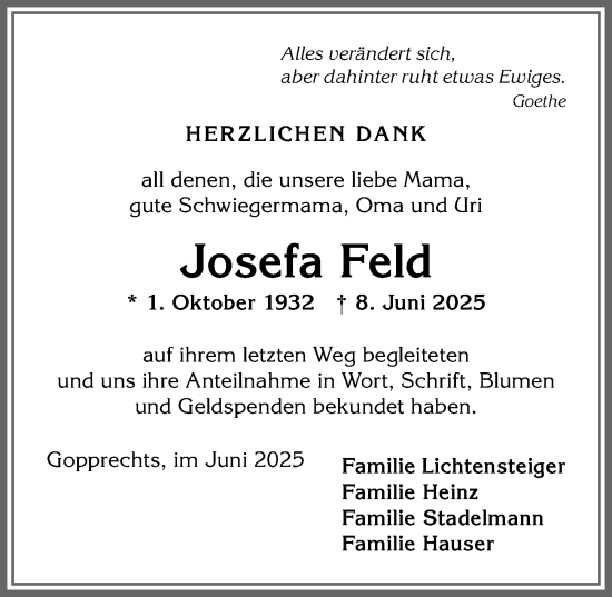 Traueranzeige von Josefa Feld von Allgäuer Anzeigeblatt