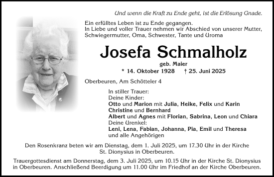 Traueranzeige von Josefa Schmalholz von Allgäuer Zeitung, Kaufbeuren/Buchloe