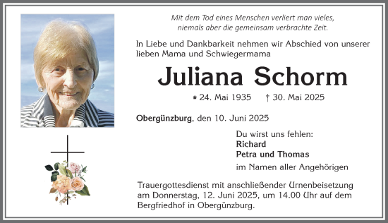 Traueranzeige von Juliana Schorm von Allgäuer Zeitung, Marktoberdorf