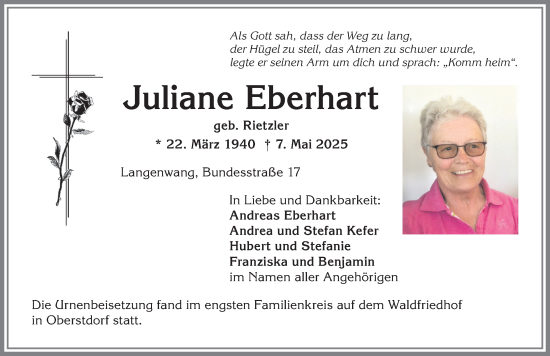 Traueranzeige von Juliane Eberhart von Allgäuer Anzeigeblatt