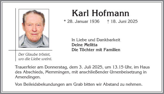 Traueranzeige von Karl Hofmann von Memminger Zeitung