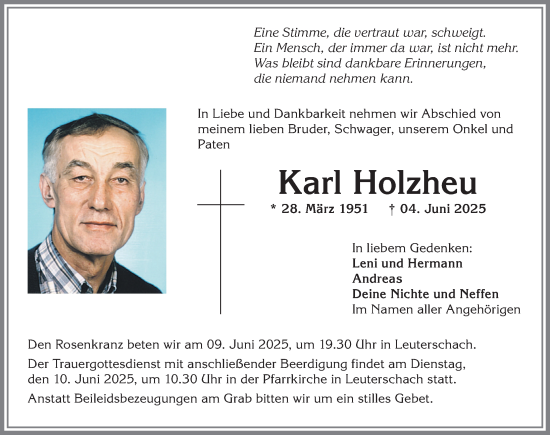Traueranzeige von Karl Holzheu von Allgäuer Zeitung, Marktoberdorf