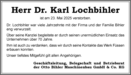Traueranzeige von Karl Lochbihler von Allgäuer Zeitung, Füssen
