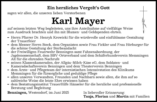 Traueranzeige von Karl Mayer von Memminger Zeitung