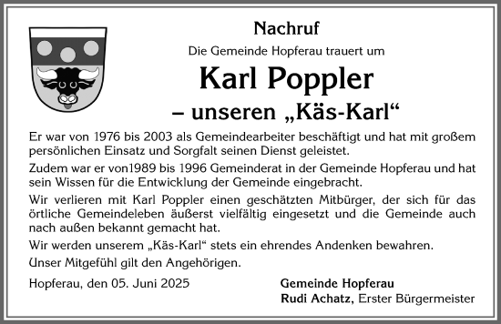 Traueranzeige von Karl Poppler von Allgäuer Zeitung, Füssen