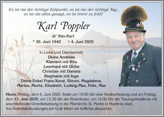 Traueranzeige von Karl Poppler von Allgäuer Zeitung, Füssen