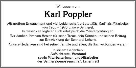 Traueranzeige von Karl Poppler von Allgäuer Zeitung, Füssen