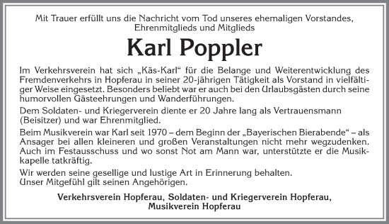 Traueranzeige von Karl Poppler von Allgäuer Zeitung, Füssen