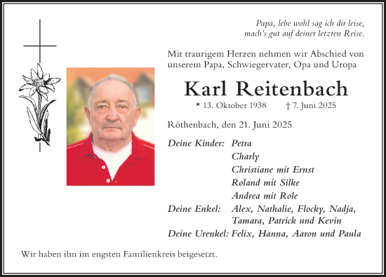 Traueranzeige von Karl Reitenbach von Der Westallgäuer