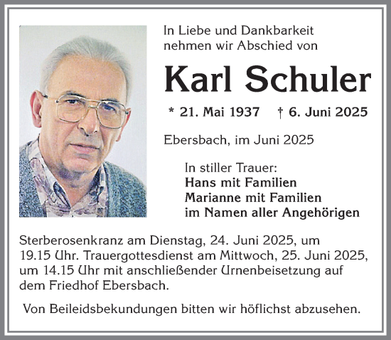 Traueranzeige von Karl Schuler von Allgäuer Zeitung, Marktoberdorf