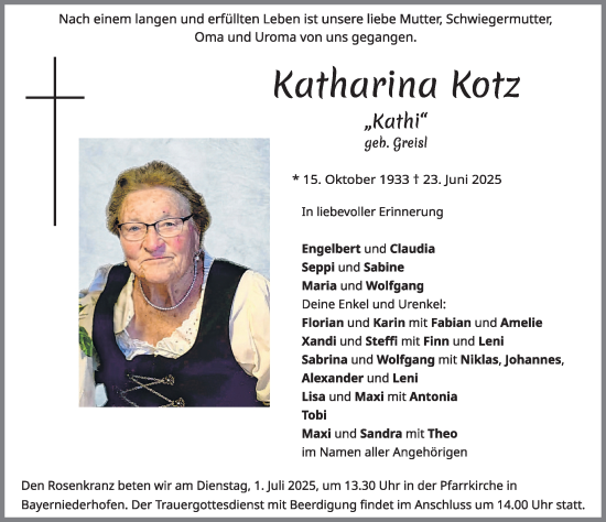 Traueranzeige von Katharina Kotz von Allgäuer Zeitung, Füssen