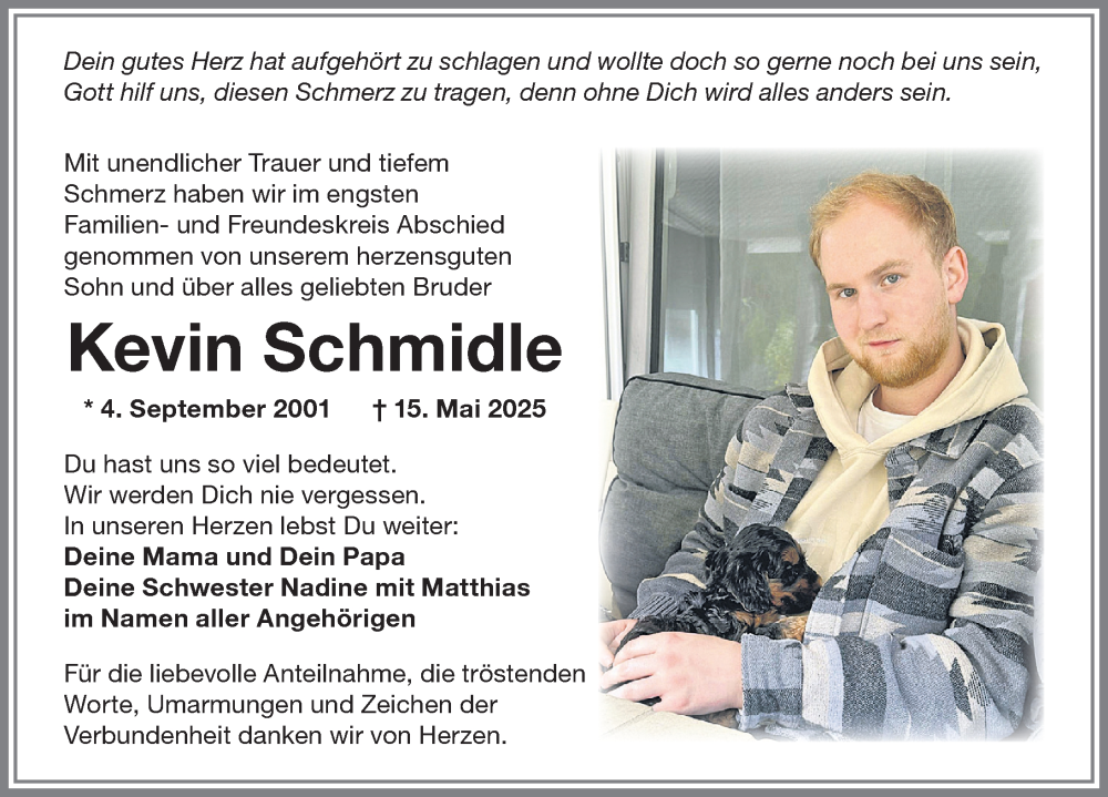  Traueranzeige für Kevin Schmidle vom 07.06.2025 aus Memminger Zeitung