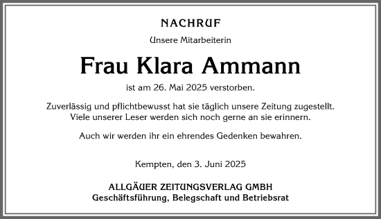 Traueranzeige von Klara Ammann von Allgäuer Anzeigeblatt