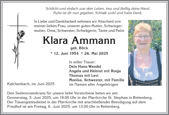 Traueranzeige von Klara Ammann von Allgäuer Anzeigeblatt
