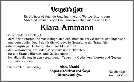 Traueranzeige von Klara Ammann von Allgäuer Anzeigeblatt