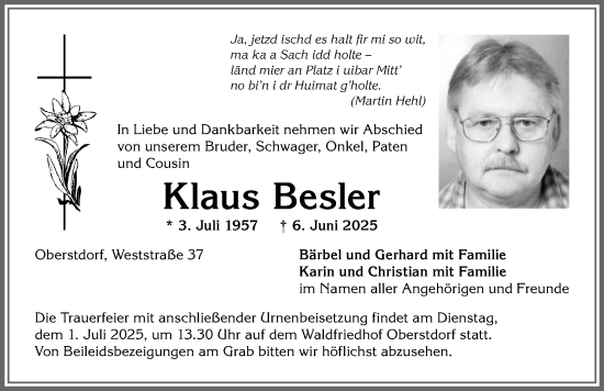 Traueranzeige von Klaus Besler von Allgäuer Anzeigeblatt