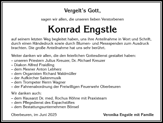 Traueranzeige von Konrad Engstle von Allgäuer Zeitung, Kaufbeuren/Buchloe
