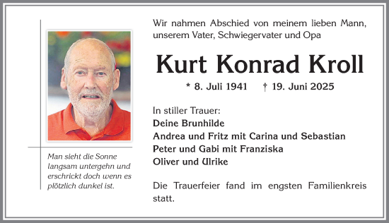 Traueranzeige von Kurt Konrad Kroll von Allgäuer Zeitung,Kempten