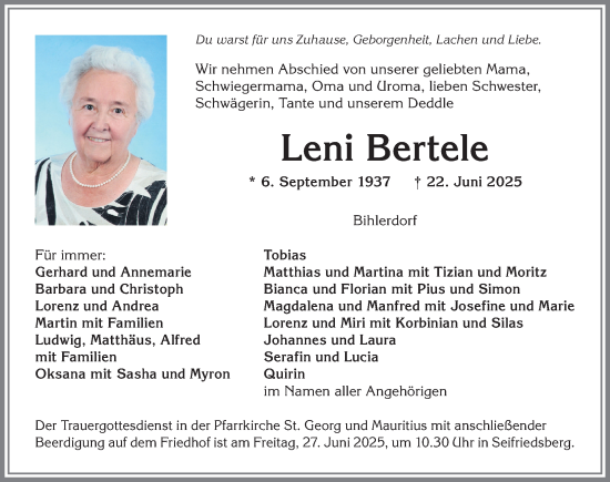 Traueranzeige von Leni Bertele von Allgäuer Anzeigeblatt